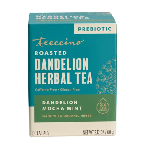 Teeccino Dandelion Mocha Mint Tea - Caffeine Free, Roasted Herbal Tea with Prebiotics, 3x More Herbs than Regular Tea Bags, Gluten Free - 10 Tea Bags