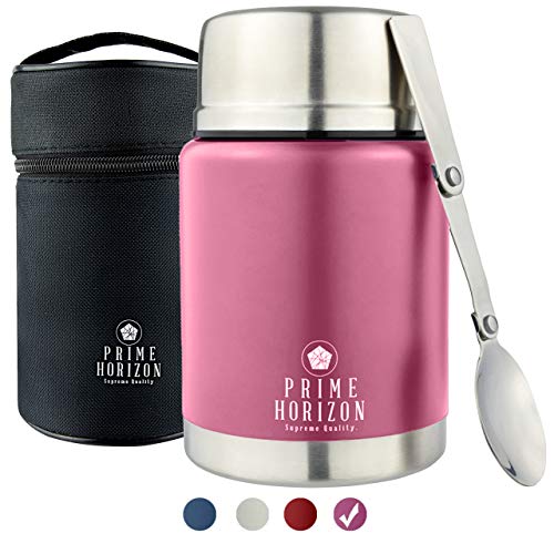 Prime Horizon Food Flask - 500ml Stainless Steel Vacuum Double Wall Jar with Folding Spoon, Leakproof and BPA Free. Free Insulated Travel Bag with Carabiner and Gift Box (Pink)