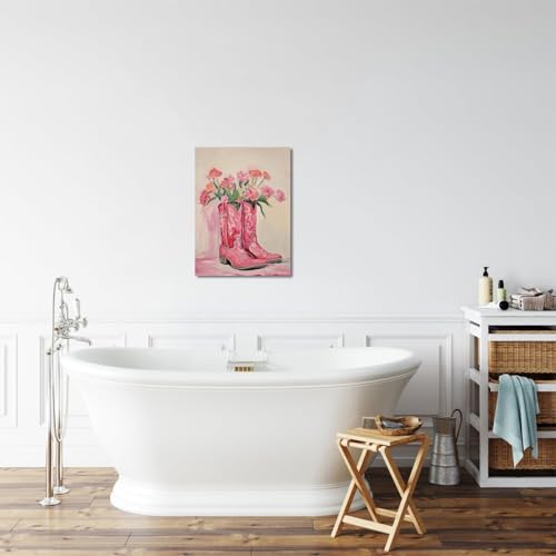 Image of Julaydi Floral Cowgirl Boots Wall Art Pink Cowboy Boots with Flower Painting Western Aesthetic Canvas Prints Poster Trendy Preppy Girls Room Decor Picture for Living Room Bedroom Dorm 12x16in Framed