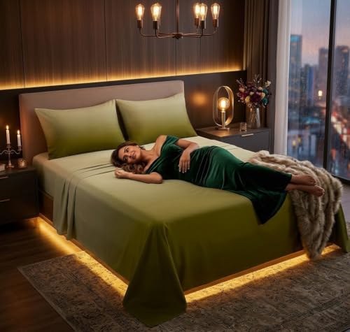Image of HOMEKART Satin Bedsheet King Size for Double Bed |300 TC Ultra Soft,Silky Smooth Satin Silk Bed Sheet with 2 Pillow Covers |Luxury Bedsheets for Romantic /Date Night (108x108 Inche,(Olive Sage)