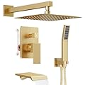 HomGoo Shower System with Tub Spout, All Metal Tub Shower Faucet Set with 10-Inch Rain Shower Head and Handheld Spray combo, Wall Mounted Shower Combo Set with shower valve and Trim kit,Brushed Gold