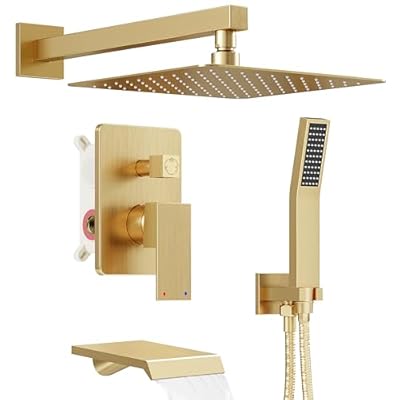HomGoo Shower System with Tub Spout, All Metal Tub Shower Faucet Set with 10-Inch Rain Shower Head and Handheld Spray combo, Wall Mounted Shower Combo Set with shower valve and Trim kit,Brushed Gold