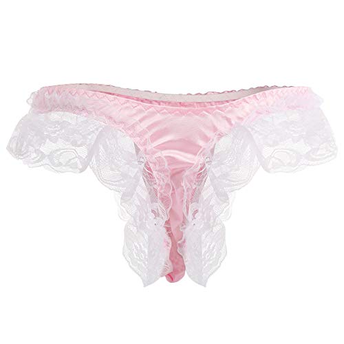 Sexy Men’s Floral Lace Underwear Shiny Satin Sissy Pouch Crossdress G-String Thong Panties Maid Cosplay Lingerie Brief3
