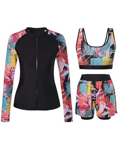 Rash Guard for Women 3 Piece Swimsuits Long Sleeve Bathing Suit with Boyshorts and Bra Ladies Swim Over 50 UPF 50+