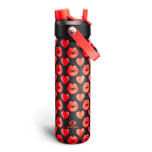 Image of ENCOOL Insulated Water Bottle with Straw Stainless Steel Water Bottle, Leak-Proof, BPA-Free, Keeps Cold for 24 Hours for Sports, Travel, School (26 oz, Kiss Hearts Red x Black)