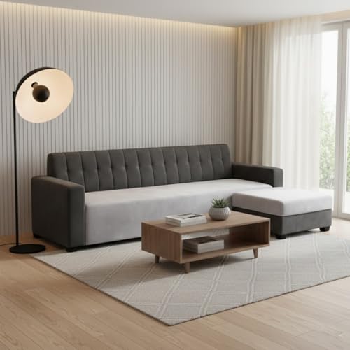 Image of FURNY Luxe 4 Seater L Shape Sofa Set with Movable Ottoman | Flexible Left or Right Layout | Plush Velvet Fabric (Dark Grey-Light Grey) | Perfect for Living Room, Guest Room & Office
