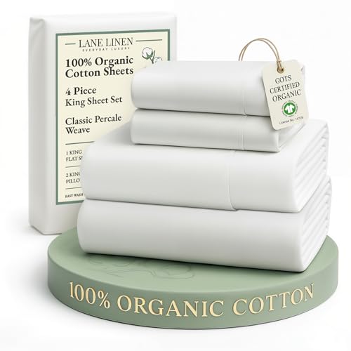 LANE LINEN 100% Organic Cotton King Size Sheets Set, Soft & Comfy All Season Breathable Sheets King Size, Percale Weave Fully Elasticized Eco Friendly Naturally Cooling King White Bed Sheets