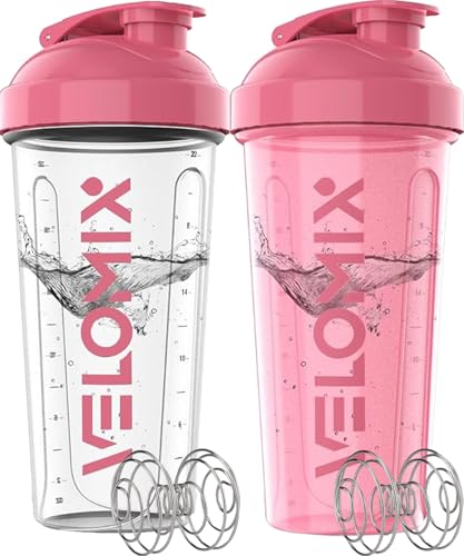 Image of VELOMIX -2 Pack- 28 oz Protein Shaker Bottles for Protein Mixes - 2x Wire Whisk | Leak Proof Shaker Cups for Protein Shakes and Pre Workout | Protein Shaker Bottle Pack (B6) Pink /Transparent