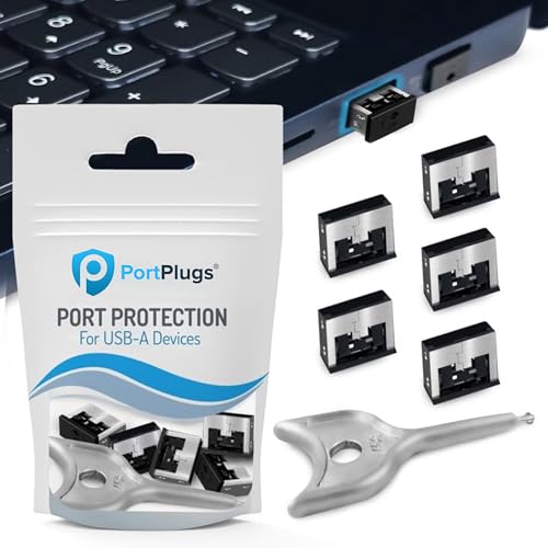 PortPlugs 5‑Pack USB‑A Metal Port Locks with Key - USB Port Blockers for Physical Security & Malware Protection - USB Locks Designed for IT Teams, Offices, Travel & Shared Spaces