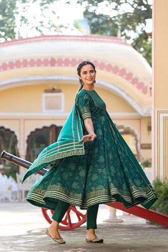 Image of GoSriKi Women's Rayon Blend Printed Anarkali Kurta with Pant & Dupatta