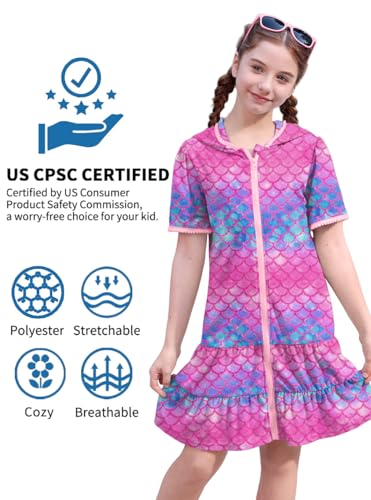 Image of BesserBay Girls Summer Beach Quick Dry Cover Up Ruffle Hem Terry Smocked Hooded 4-14 Years with Pockets