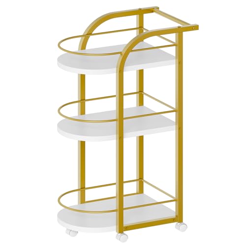 YATINEY 3-Tier Bar Cart, Home Bar Serving Cart with Fence and Wheels, for Dining Room, Living Room, Garden, Party, White and Gold BC06DW
