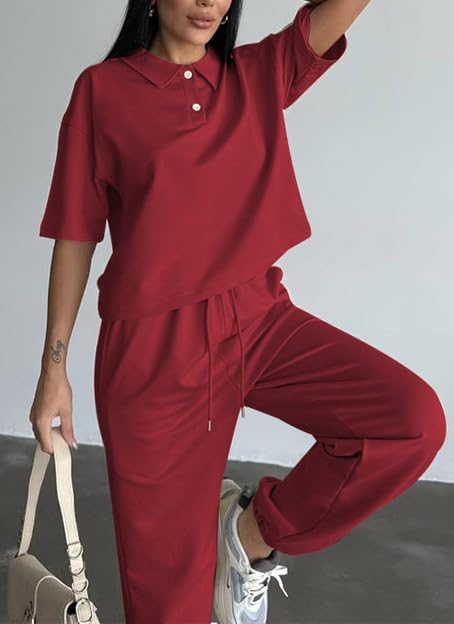 HipGlamp Women's Casual 2 Piece Athleisure Set Short Sleeve Polo Top Jogger Pants Loose Fit for Lounge Travel - Image 5
