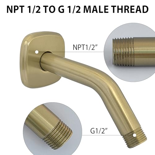 HOMYEP Brushed Gold Angled Shower Arm with Flange Wall Mounted Male NPT 1/2 Inch Gold Extension Arm for Fixed Rainfall and Handheld Shower Head, 6 Inch