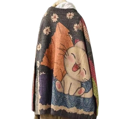 Image of TBUS Women's V Neck Oversized Cat Print Cardigan, Boho Patchwork Knit Sweater Long Sleeve Button Front with Pockets
