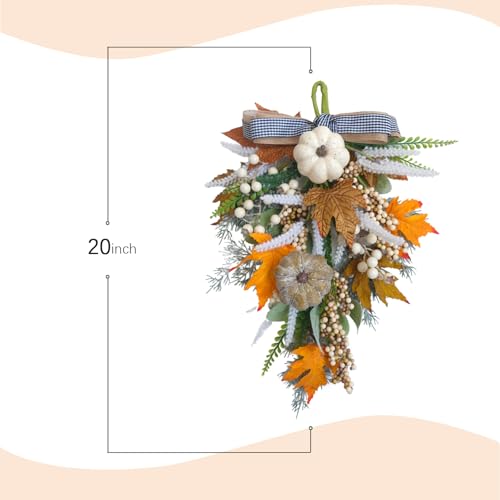 Image of 2PCS Fall Teardrop Swags 20inch Thanksgiving Wreath, Eucalyptus Berries Pumpkins Lamb Ears Leaves Autumn Wreaths for Front Door, Fall Decor, Porch Wall, Home Outdoor Holiday Decorations (C)