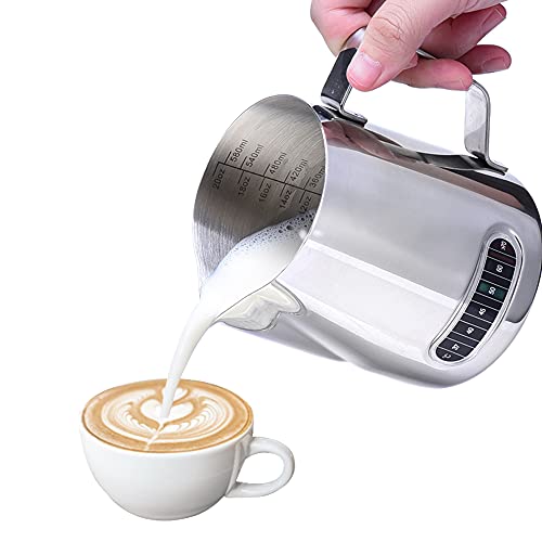 Milk Frothing Jug - Dailyart 600ml/20fl.Oz. 304 Stainless Steel Milk Jug with Thermometer Special Dripless Spout and Scale Mark Metal Barista Milk Pitcher for Making Cappuccino Latte and Espresso