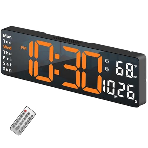 Image of EASEPRES 16 inch Digital Wall Clock with Remote Control - LED Display, Auto-Dimming, Countdown Timer, Temperature & Calendar - 12 /24 Hour Format, ABS Rectangle Design (Orange+White)