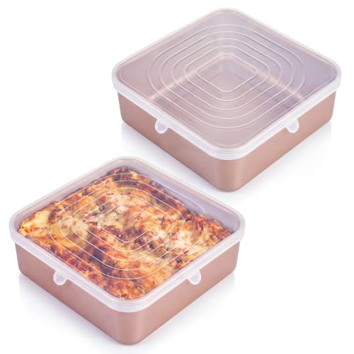 Image of 2 Pcs 9x9 Inch Silicone Bakeware Lids, Reusable Safe Storage Lids Square Replacement Cover Stretchable for Baking Dishes, Casserole Dishes, Cake Pan, Freezer, Microwave Safe Food Cover