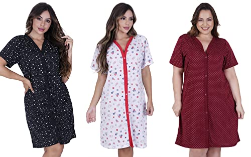 Kit 3 Camisola manga curta de botão abre fácil amamentação gestante idoso (G (46))