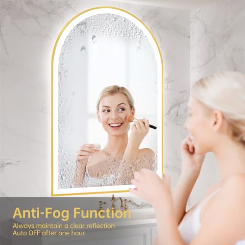 Image of 24 inchx36 inch Arched LED Mirror for Bathroom, Brushed Gold Lighted Bathroom Mirror with Lights, Fogless, Dimmable, Shatterproof, Touch Sensor, 3 Color Changing