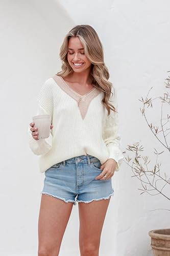 Evaless DJ5W2723019-1-XL Womens Long Sleeve Sweaters Fall 2024 Trendy Sexy Lace V Neck Knit Drop Shoulder Winter Oversized Pullover Sweater Jumper Tops White X-Large thumb #6