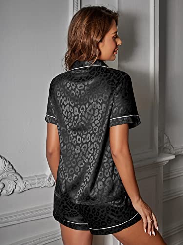 OYOANGLE Women's 2 Piece Satin Pajamas Set Leopard Button Shirt Shorts Set Loungewear2