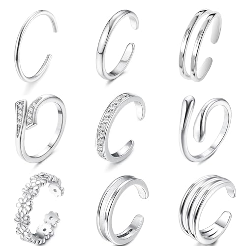 9Pcs 14K Gold Filled Toe Rings for Women Non Tarnish Adjustable Gold CZ Flower Hug Band Toe Rings Summer Beach Open Gold Toe Ring Jewelry for Summer