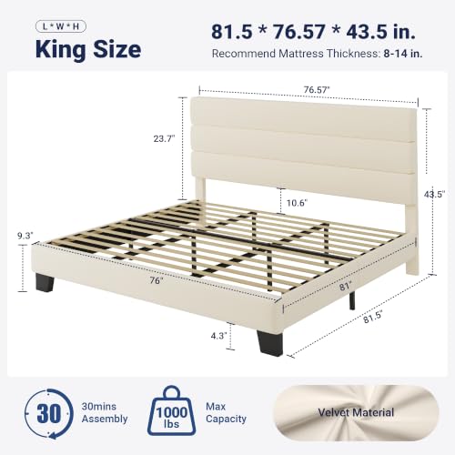 Image of Allewie King Size Platform Bed Frame with Velvet Upholstered Headboard and Wooden Slats Support, Fully Upholstered Mattress Foundation /No Box Spring Needed /Easy Assembly, Cream