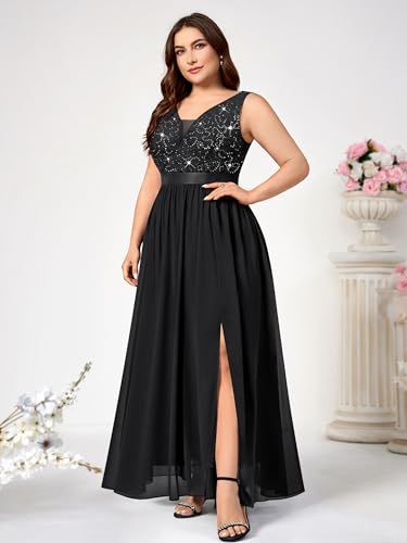 Knitee Women's Plus Size Sequin Lace Deep V-Neck Sleeveless Slit Formal Evening Maxi Dresses4