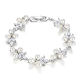 EVER FAITH Women's CZ Cream Simulated Pearl Floral Leaf Wedding Bride Tennis Bracelet White Silver-Tone