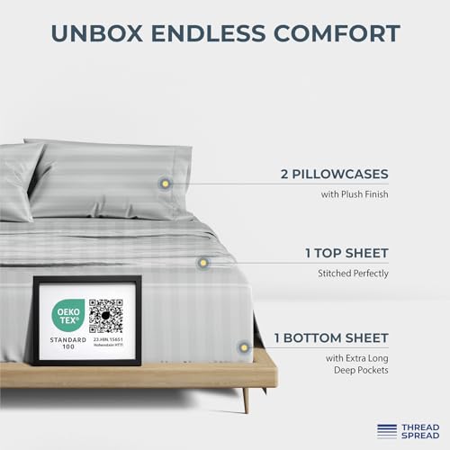Image of THREAD SPREAD 100% Egyptian Cotton Damask King Size Sheets Set - Luxury 1500 Series Egyptian Cotton Sheets King Size (4 PC, Silver Stripe), Silky Soft, Sateen & Cooling, 17 inch Deep Pocket Bed Set