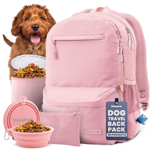 Image of Dog Travel Bag for Supplies - Complete Dog Diaper Bag Backpack with 2 BPA-Free Travel Bowls, Treat Pouch, Food Container, Placemat & Laptop Sleeve - for Traveling, Road Trips, Hiking: Dusty Pink