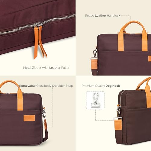 Image of Messenger Bag - Genuine Leather Handle Bag, Cross Body 15.6Inch Bag, Canvas Briefcase Bag, Leather Computer Bags, Laptop Bag Rugged Satchel Shoulder Bag | | Wine