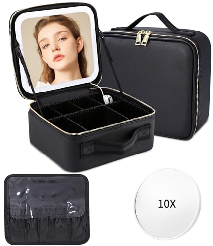 Maletin Maquillaje con Espejo,Lupa 10x Cosméticos Bolsa organizadora Maquillaje con Espejo Iluminado 3 Modos Color Brillo Ajustable,Portátil Impermeable Estuche Maquillaje,Organizador Maquillaje Viaje