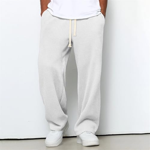 Waffle Pants Men Elastic Waist Straight Wide Leg Pant Drawstring Casual Trousers Oversized Baggy Plus Size Sweatpants2