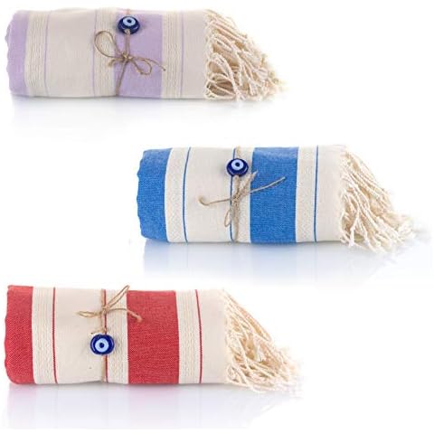 Pestemal Turkish Hammam Towel with the Evil Eye Set of 3 100% Cotton Quick Dry Absorbent for Bath, Gym, Beach, 90*190cm, 435 gr, Fouta Compact Towels for Traveling, Spa, Bed Cover (Blue/Lilac/Red) Cover
