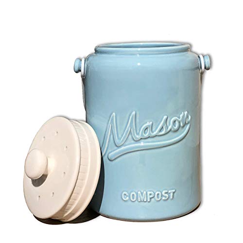 Ceramic Compost Bin for Kitchen Counter | Indoor Compost Bucket With Handle and Lid | Mason Farmhouse Style Jar | 2.3 Liter Capacity - Includes 3 Charcoal Filters