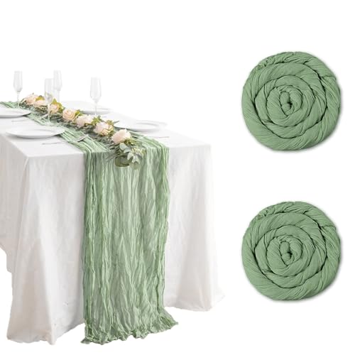 IULONEE 2 Piezas Camino De Mesa Verde Salvia Vintage Largo Bohemio Camino De Mesa 90x400cm Banda De Mesa Bohemio Verde Oliva Verde Camino Mesa Cheesecloth para Fiestas De Vacaciones Comedor Hogar