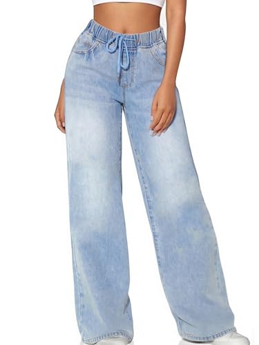 Women's High Waisted Wide Leg Jeans Drawstring Loose Fit Elastic Waist Straight Leg Sweatpant Denim Pants 2025 Trendy2