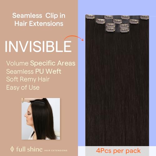Image of Full Shine Invisible Clip in Hair Extensions, Dark Brown Human Hair, 4 Pcs