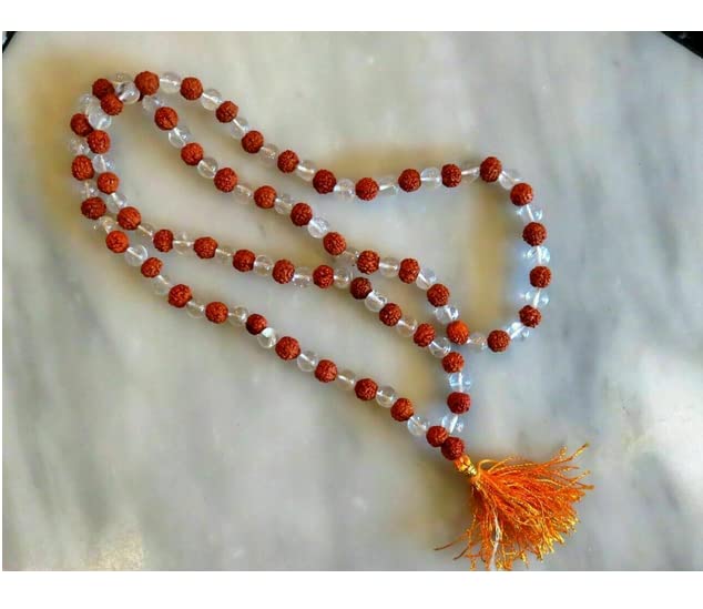 DeepMines Clear Crystal Quartz Rosary Sphatik Jaap Mala 108 Beads Original Certified स्फटिक माला 5mm Rudraksha Mala Traditional स्पटिक की माला Sfatik/Spatic Round Rudraksh Beads Mala for Chanting