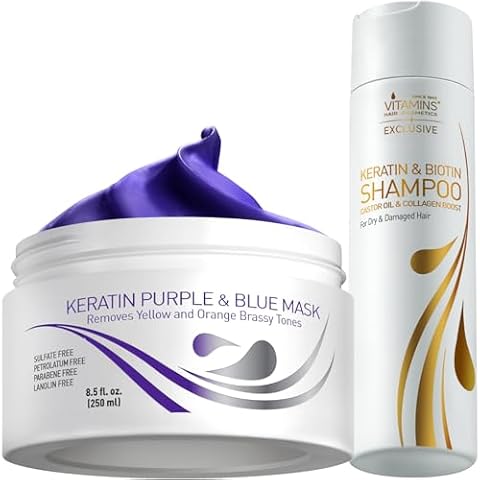 Vitamins Keratin Purple Blue Hair Mask and Keratin Shampoo Kit - Conditioning Anti Brassiness Toner for Bleached Blonde Platinum Silver White Grey Dry Damaged Hair and Nourishing Clarifying Shampoo Cover