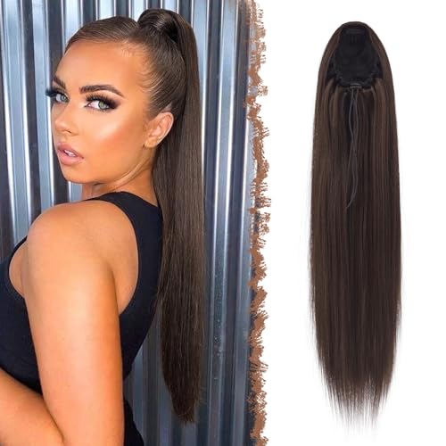 FESHFEN Coleta Postiza Pelo Lisa, 70 cm Cola de Caballo Extension Cordón Larga Liso Extension Pelo Coleta Marrón Sintéticas Ponytail Drawstring Extensiones de Cabello Coleta para Mujeres