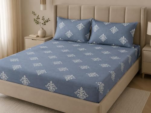 Image of RD TREND Premium Cloud Cotton Bedsheet for Double Bed King Size (78x72x8 Inch) with 2 Pillow Covers 18x28 Inch Floral Design | Teal Grey