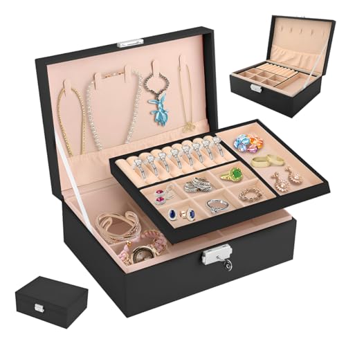 Raganet, Caja de Joyería de 2 Niveles y Múltiples Compartimientos, Alhajero de Cerrado Seguro con Espacio para Aretes, Collares, Anillos, Relojes y Alhajas, Alhajero Practico de...