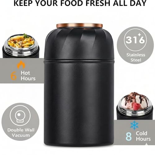 Image of Insulated Lunch Box 500ml Stainless Steel | Thermal Food Flask & Food Jar with Folding Spoon | Leakproof Tiffin Box for Office, School, Travel | Hot & Cold Food Container (Black With Golden Handle)