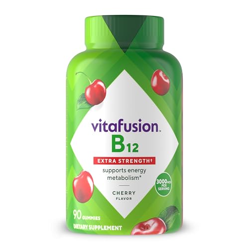 vitafusion Extra Strength Vitamin B12 Gummies Supports Energy Metabolism and Nervous System Health Support Gummy Vitamin Supplement for Women and Men Cherry Flavor 45 Day Supply 90 Count