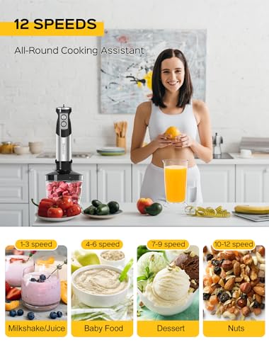 Handor 6-in-1 Hand Immersion Blender, 1000W 12 Speed Handheld Blender with 600ml Beaker, 500ml Chopper, Egg Whisk, Milk Frother, Stainless Steel Blades for Soup, Smoothie, Puree image 4