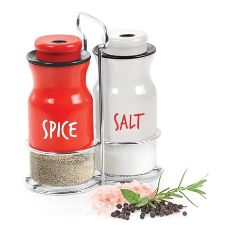 Treo by Milton Zingy Salt and Pepper Jar with Stand, Set of 2, Red & White | Food Safe | Salt | Pepper |Adjustable Cover